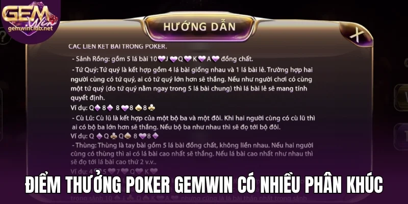 Điểm thưởng poker Gemwin có nhiều phân khúc