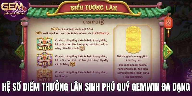 Hệ số điểm thưởng lân sinh phú quý Gemwin đa dạng