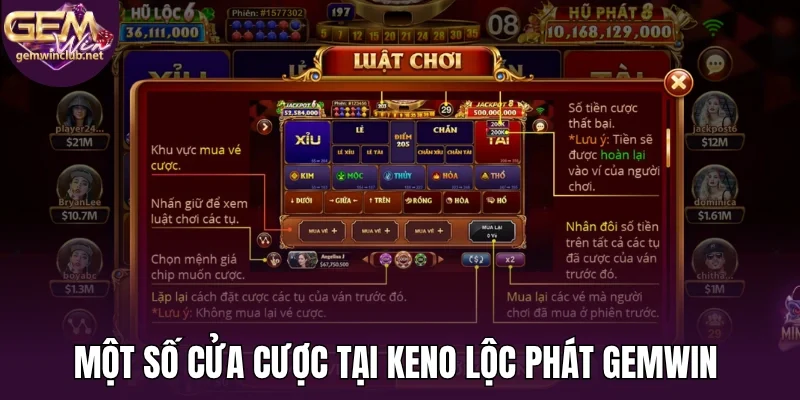 Một số cửa cược tại keno lộc phát Gemwin 