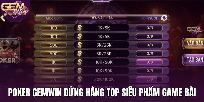 Poker Gemwin đứng hàng top siêu phẩm game bài