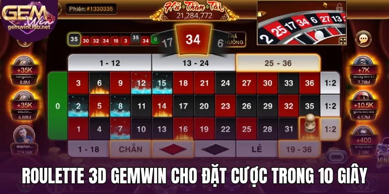 Roulette 3D Gemwin cho đặt cược trong 10 giây