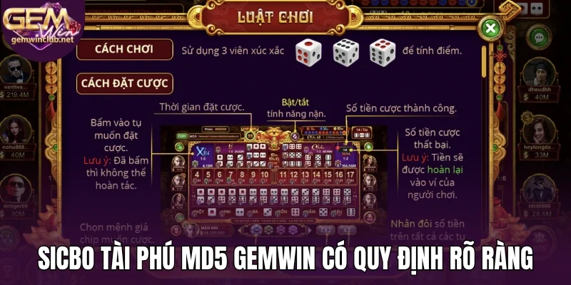 Sicbo tài phú MD5 Gemwin có quy định rõ ràng