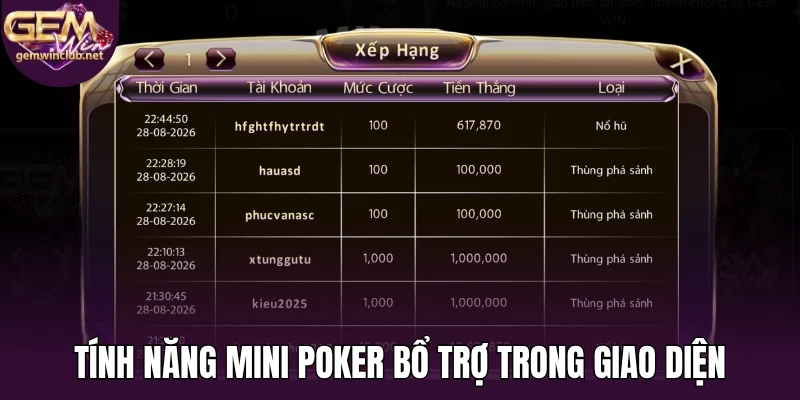Tính năng mini poker bổ trợ trong giao diện