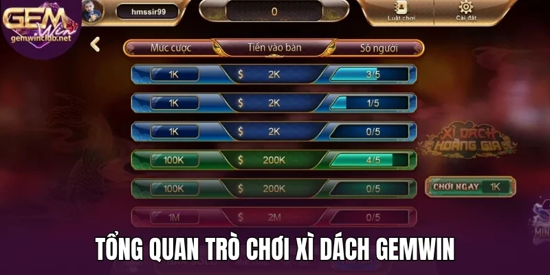 Tổng quan trò chơi xì dách Gemwin