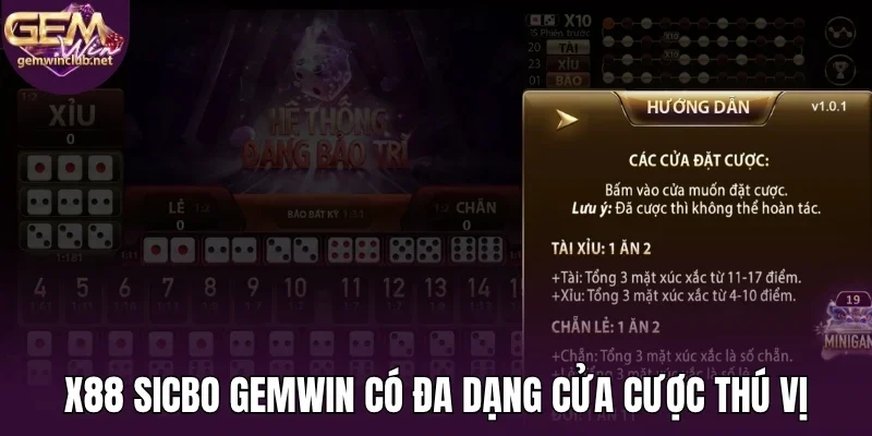 X88 sicbo Gemwin có nhiều cửa cược