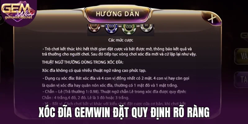 Xóc đĩa Gemwin đặt quy định rõ ràng