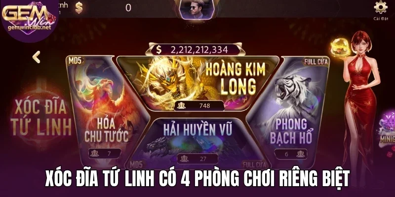 Xóc đĩa tứ linh có 4 phòng chơi riêng biệt
